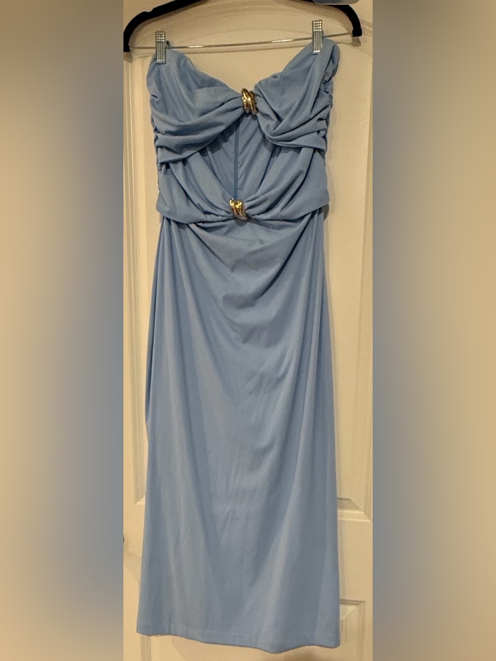 Light‎ Blue Torn by Ronny Kobo Strapless Bodycon Midi Dress